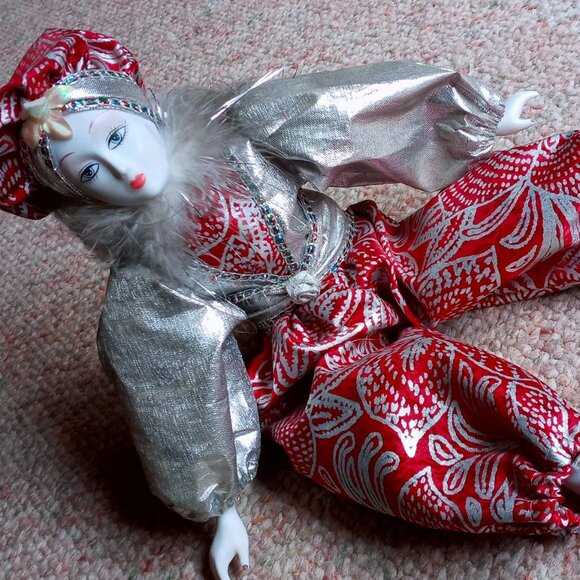 Vintage Pierrot Clown Doll Porcelain head arms feet Red & Silver Metallic Outfit - Picture 8 of 10